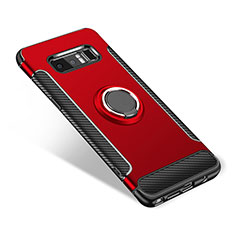 Silicone Matte Finish and Plastic Back Cover Case with Finger Ring Stand for Samsung Galaxy Note 8 Duos N950F Red