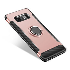 Silicone Matte Finish and Plastic Back Cover Case with Finger Ring Stand for Samsung Galaxy Note 8 Duos N950F Rose Gold