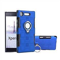 Silicone Matte Finish and Plastic Back Cover Case with Finger Ring Stand for Sony Xperia XZ1 Compact Blue