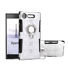 Silicone Matte Finish and Plastic Back Cover Case with Finger Ring Stand for Sony Xperia XZ1 Compact White