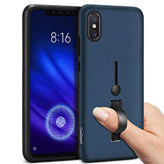 Silicone Matte Finish and Plastic Back Cover Case with Finger Ring Stand for Xiaomi Mi 8 Pro Global Version Blue