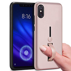 Silicone Matte Finish and Plastic Back Cover Case with Finger Ring Stand for Xiaomi Mi 8 Pro Global Version Rose Gold
