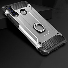 Silicone Matte Finish and Plastic Back Cover Case with Finger Ring Stand H01 for Huawei P30 Lite New Edition Silver