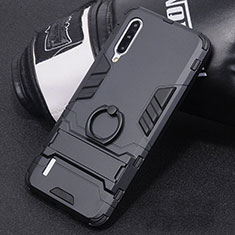 Silicone Matte Finish and Plastic Back Cover Case with Finger Ring Stand H01 for Xiaomi Mi A3 Black