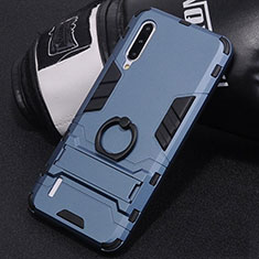 Silicone Matte Finish and Plastic Back Cover Case with Finger Ring Stand H01 for Xiaomi Mi A3 Blue