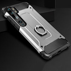 Silicone Matte Finish and Plastic Back Cover Case with Finger Ring Stand H01 for Xiaomi Mi Note 10 Pro Silver