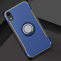 Silicone Matte Finish and Plastic Back Cover Case with Finger Ring Stand S01 for Apple iPhone XR Blue