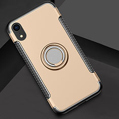 Silicone Matte Finish and Plastic Back Cover Case with Finger Ring Stand S01 for Apple iPhone XR Gold