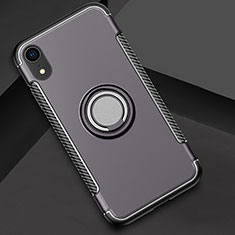 Silicone Matte Finish and Plastic Back Cover Case with Finger Ring Stand S01 for Apple iPhone XR Gray