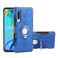 Silicone Matte Finish and Plastic Back Cover Case with Finger Ring Stand S01 for Huawei P30 Blue