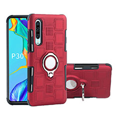 Silicone Matte Finish and Plastic Back Cover Case with Finger Ring Stand S01 for Huawei P30 Red