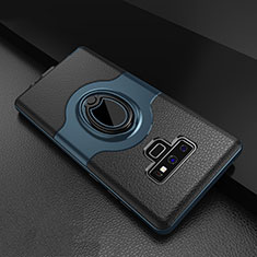 Silicone Matte Finish and Plastic Back Cover Case with Finger Ring Stand S01 for Samsung Galaxy Note 9 Blue
