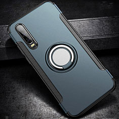 Silicone Matte Finish and Plastic Back Cover Case with Finger Ring Stand S02 for Huawei P30 Blue