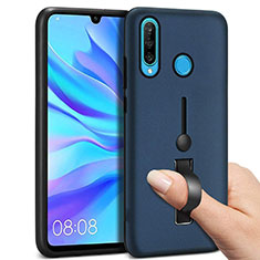 Silicone Matte Finish and Plastic Back Cover Case with Finger Ring Stand S04 for Huawei Nova 4e Blue