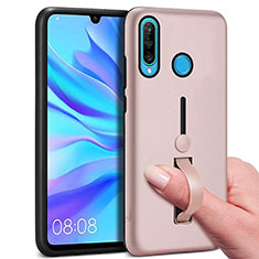 Silicone Matte Finish and Plastic Back Cover Case with Finger Ring Stand S04 for Huawei P30 Lite New Edition Rose Gold
