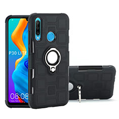 Silicone Matte Finish and Plastic Back Cover Case with Magnetic Finger Ring Stand A01 for Huawei Nova 4e Black