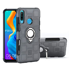 Silicone Matte Finish and Plastic Back Cover Case with Magnetic Finger Ring Stand A01 for Huawei Nova 4e Gray