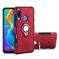 Silicone Matte Finish and Plastic Back Cover Case with Magnetic Finger Ring Stand A01 for Huawei Nova 4e Red