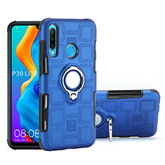 Silicone Matte Finish and Plastic Back Cover Case with Magnetic Finger Ring Stand A01 for Huawei Nova 4e Sky Blue