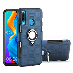 Silicone Matte Finish and Plastic Back Cover Case with Magnetic Finger Ring Stand A01 for Huawei P30 Lite Blue