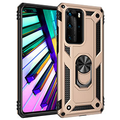 Silicone Matte Finish and Plastic Back Cover Case with Magnetic Finger Ring Stand C01 for Huawei P40 Pro Gold