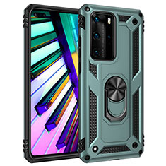 Silicone Matte Finish and Plastic Back Cover Case with Magnetic Finger Ring Stand C01 for Huawei P40 Pro Green
