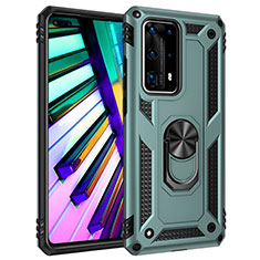 Silicone Matte Finish and Plastic Back Cover Case with Magnetic Finger Ring Stand C01 for Huawei P40 Pro+ Plus Green
