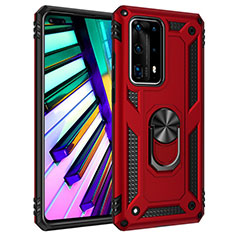 Silicone Matte Finish and Plastic Back Cover Case with Magnetic Finger Ring Stand C01 for Huawei P40 Pro+ Plus Red
