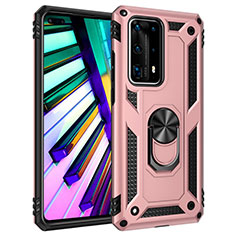 Silicone Matte Finish and Plastic Back Cover Case with Magnetic Finger Ring Stand C01 for Huawei P40 Pro+ Plus Rose Gold