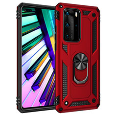 Silicone Matte Finish and Plastic Back Cover Case with Magnetic Finger Ring Stand C01 for Huawei P40 Pro Red