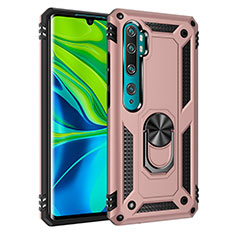 Silicone Matte Finish and Plastic Back Cover Case with Magnetic Finger Ring Stand D01 for Xiaomi Mi Note 10 Pro Rose Gold