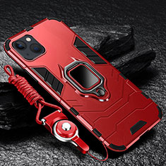 Silicone Matte Finish and Plastic Back Cover Case with Magnetic Finger Ring Stand for Apple iPhone 13 Red