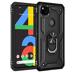 Silicone Matte Finish and Plastic Back Cover Case with Magnetic Finger Ring Stand for Google Pixel 4a Black
