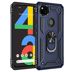 Silicone Matte Finish and Plastic Back Cover Case with Magnetic Finger Ring Stand for Google Pixel 4a Blue