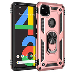 Silicone Matte Finish and Plastic Back Cover Case with Magnetic Finger Ring Stand for Google Pixel 4a Rose Gold