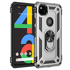 Silicone Matte Finish and Plastic Back Cover Case with Magnetic Finger Ring Stand for Google Pixel 4a Silver