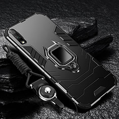 Silicone Matte Finish and Plastic Back Cover Case with Magnetic Finger Ring Stand for Huawei Enjoy 10 Black