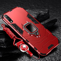 Silicone Matte Finish and Plastic Back Cover Case with Magnetic Finger Ring Stand for Huawei Enjoy 10 Red