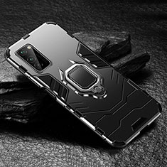 Silicone Matte Finish and Plastic Back Cover Case with Magnetic Finger Ring Stand for Huawei Honor V30 5G Black