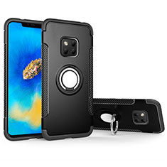 Silicone Matte Finish and Plastic Back Cover Case with Magnetic Finger Ring Stand for Huawei Mate 20 Pro Black