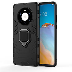 Silicone Matte Finish and Plastic Back Cover Case with Magnetic Finger Ring Stand for Huawei Mate 40 Pro+ Plus Black