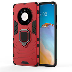 Silicone Matte Finish and Plastic Back Cover Case with Magnetic Finger Ring Stand for Huawei Mate 40E 4G Red