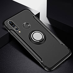 Silicone Matte Finish and Plastic Back Cover Case with Magnetic Finger Ring Stand for Huawei Nova 4e Black