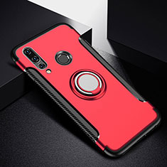 Silicone Matte Finish and Plastic Back Cover Case with Magnetic Finger Ring Stand for Huawei Nova 4e Red