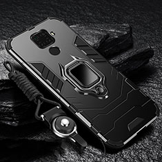 Silicone Matte Finish and Plastic Back Cover Case with Magnetic Finger Ring Stand for Huawei Nova 5i Pro Black