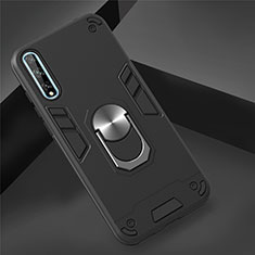 Silicone Matte Finish and Plastic Back Cover Case with Magnetic Finger Ring Stand for Huawei Y8p Black
