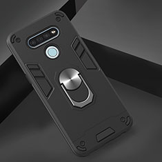 Silicone Matte Finish and Plastic Back Cover Case with Magnetic Finger Ring Stand for LG K51 Black