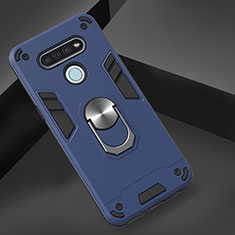Silicone Matte Finish and Plastic Back Cover Case with Magnetic Finger Ring Stand for LG K51 Navy Blue