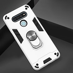 Silicone Matte Finish and Plastic Back Cover Case with Magnetic Finger Ring Stand for LG K51 White