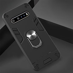 Silicone Matte Finish and Plastic Back Cover Case with Magnetic Finger Ring Stand for LG V60 ThinQ 5G Black